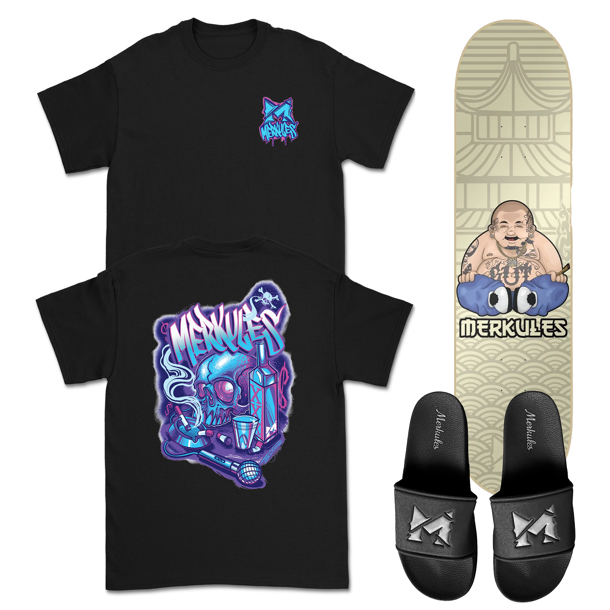 Merkules - Skate Deck + T-Shirt + Black Slides Bundle
