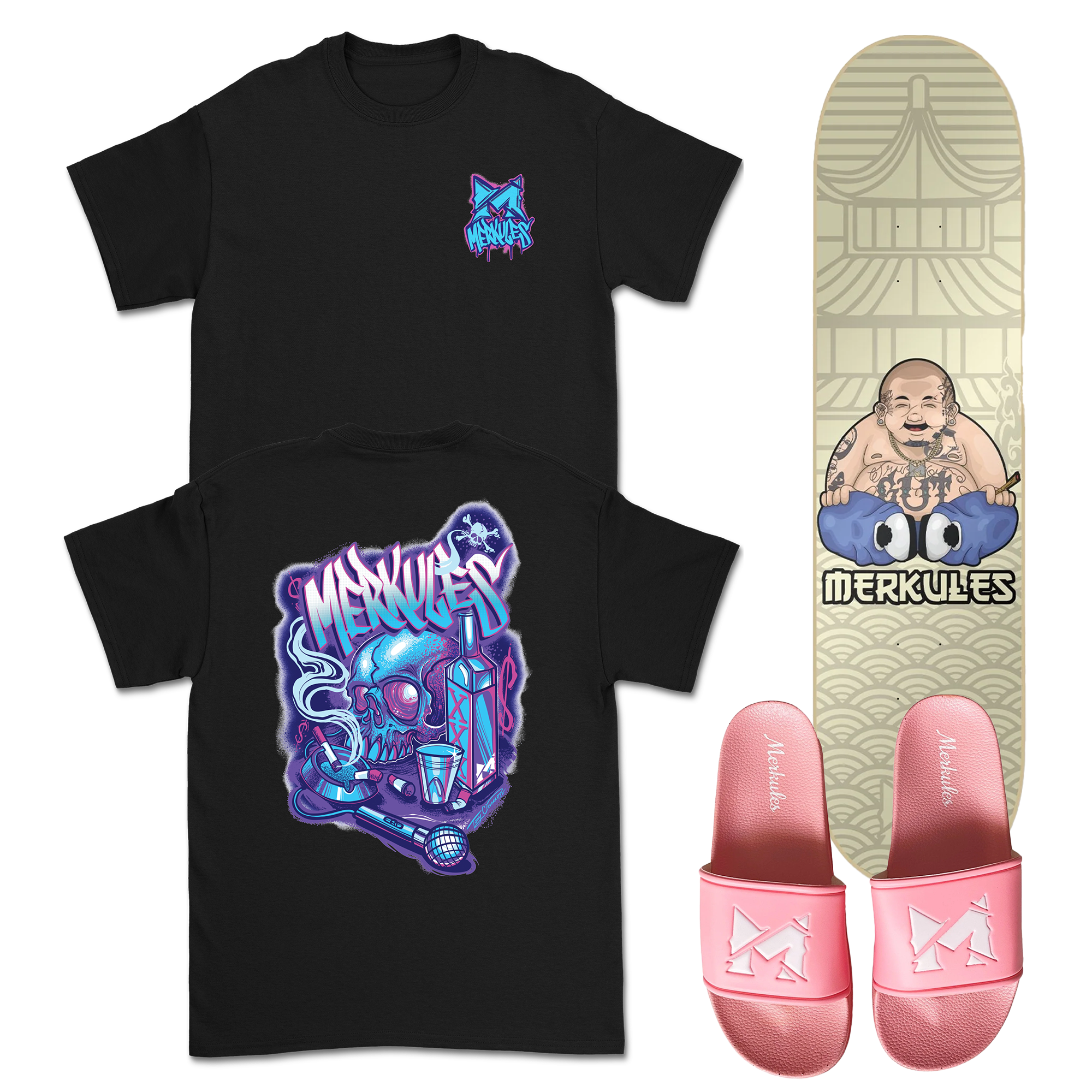 Merkules - Skate Deck + T-Shirt + Pink Slides Bundle