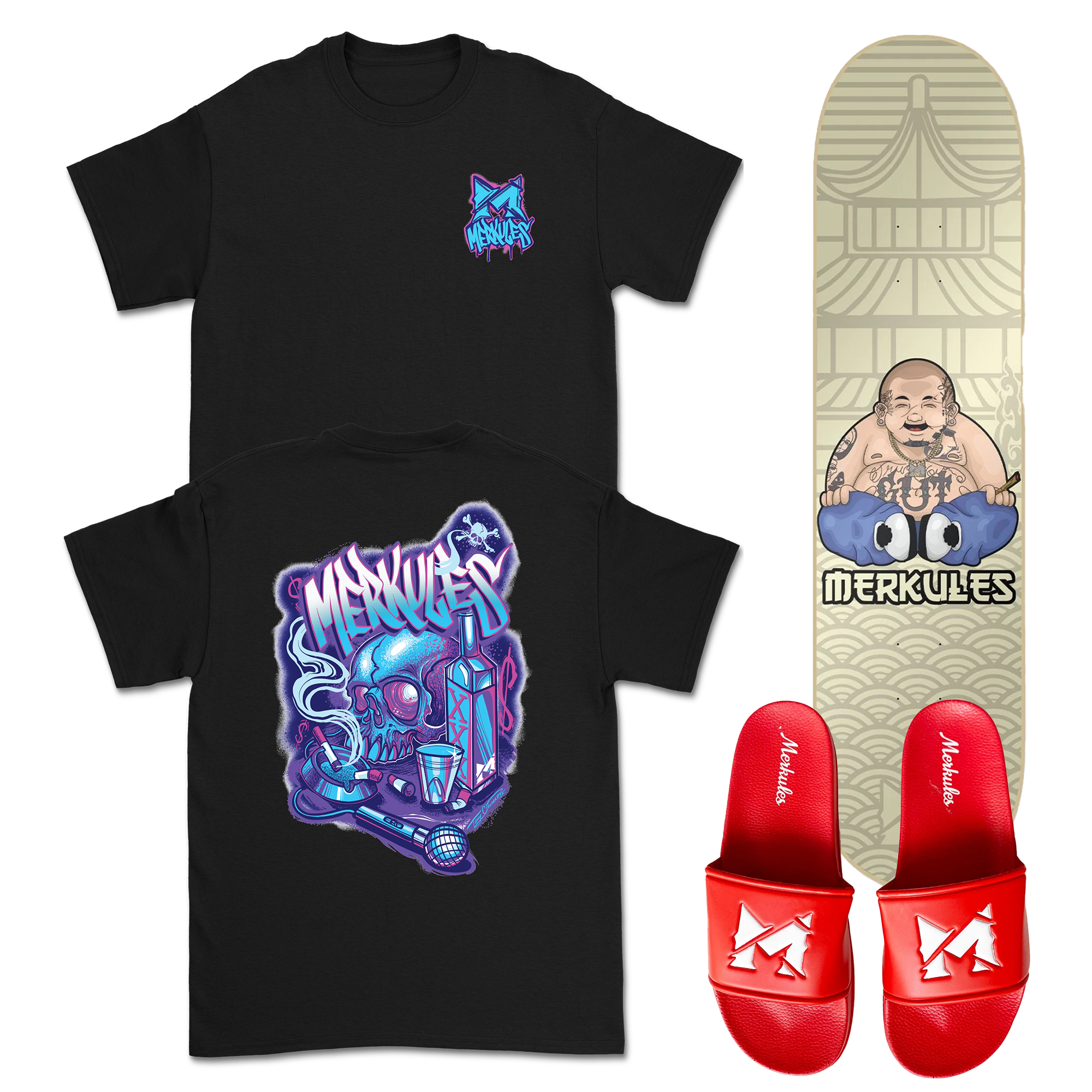 Merkules - Skate Deck + T-Shirt + Red Slides Bundle